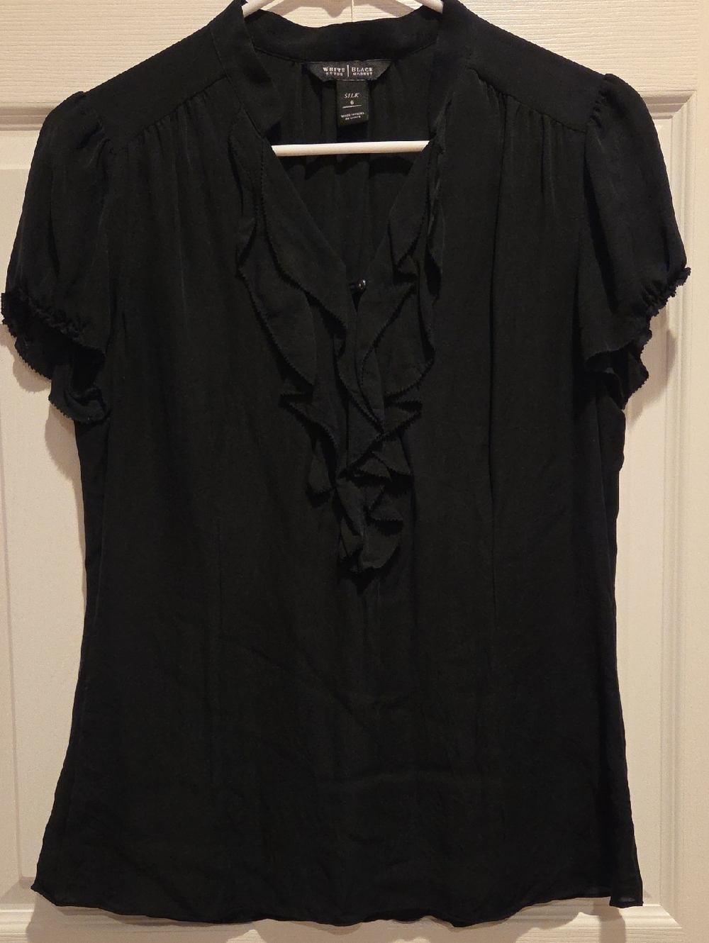 White House Black Market Black Short-Sleeve Ruffle Silk Blouse